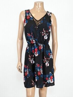 Ricki's Black Floral Sleeveless V-Neck Lace Accent Dress Whimsigoth Gothic